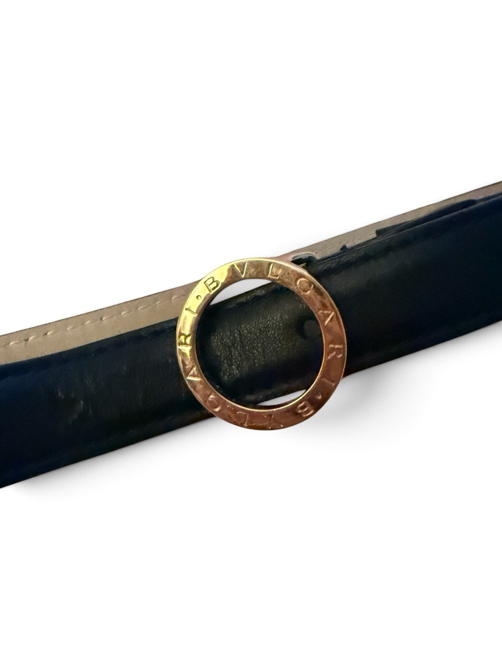 Bulgari Black Leather Ring Buckle Belt with Gold-Tone Logo